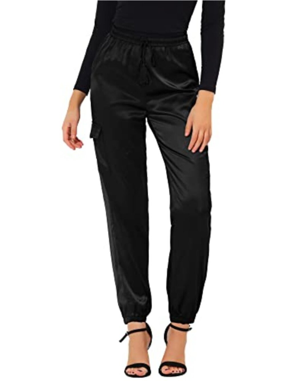 Satin Cargo Joggers High Waist Tie Elastic Drawstring Pants
